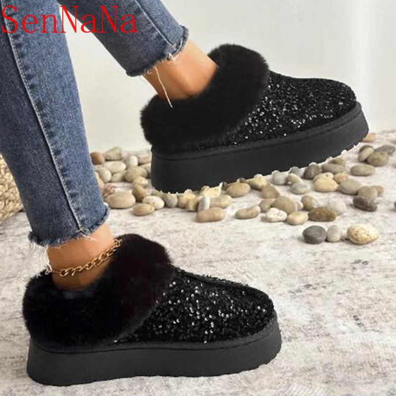 Bling Frauen Wohnungen Schneeschuhe Winter Plattform Fell warme Baumwoll schuhe neue Trend Mode Walking kurze Plüsch Zapatillas weiblich