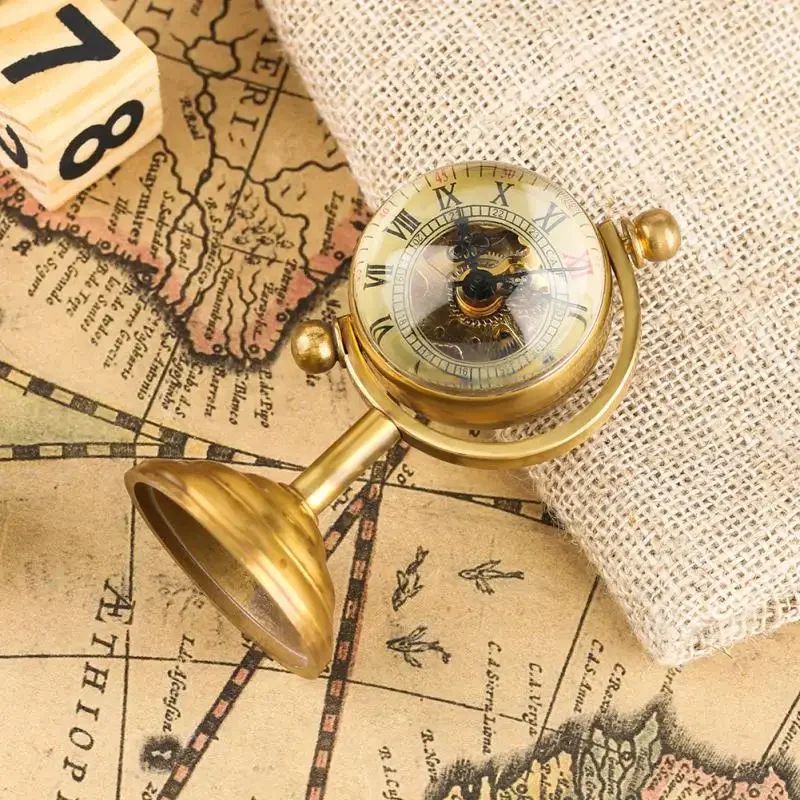 Retro Golden Spinning Globe Desk Mechanical Pocket Watch Hand Winding Movement Home Office Luxury Decoration Collectable Clock