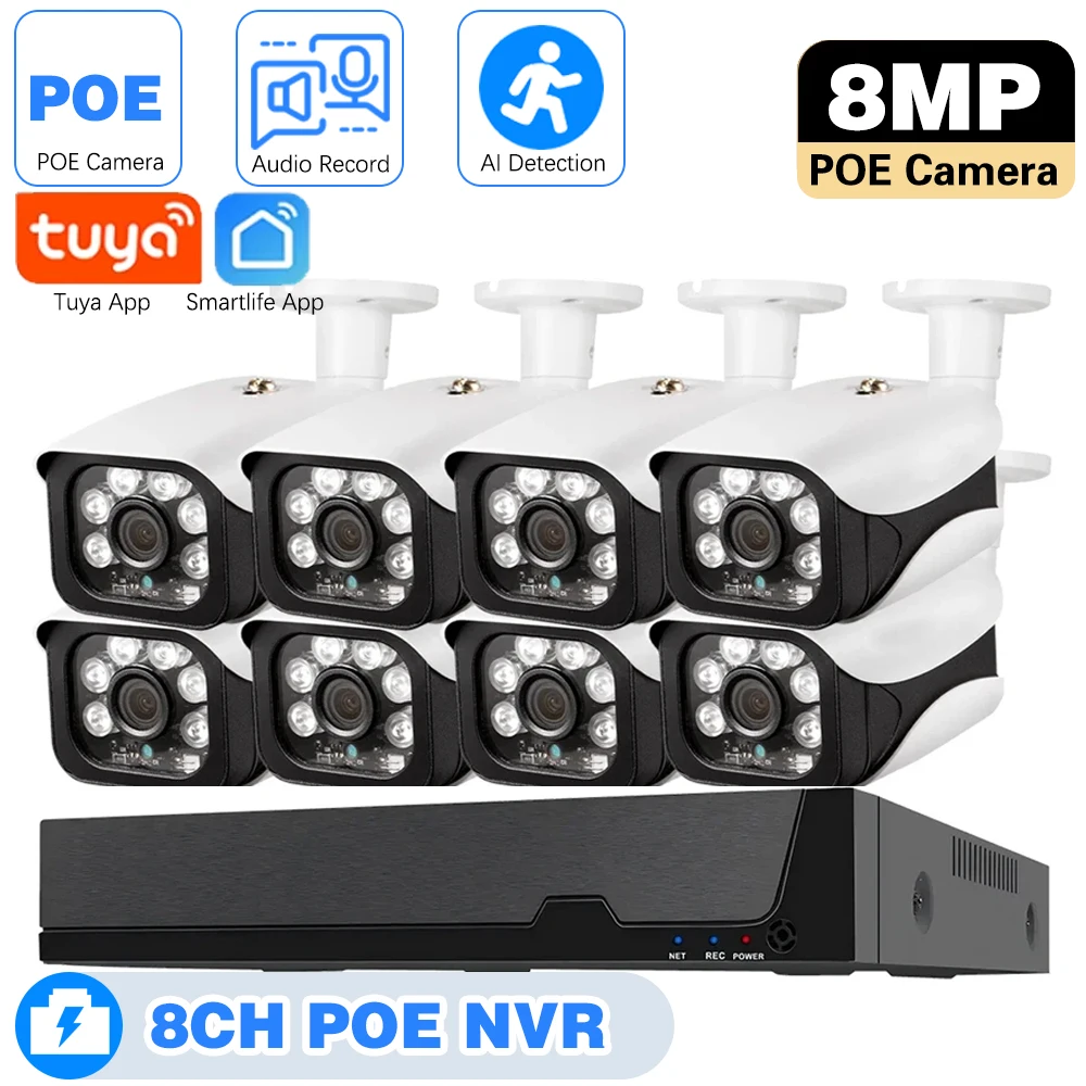 

4K 8CH POE NVR 8MP TUYA Security Kit Outdoor Audio Record Human Detection Bullet IP Camera Video Surveillance Smart Life System