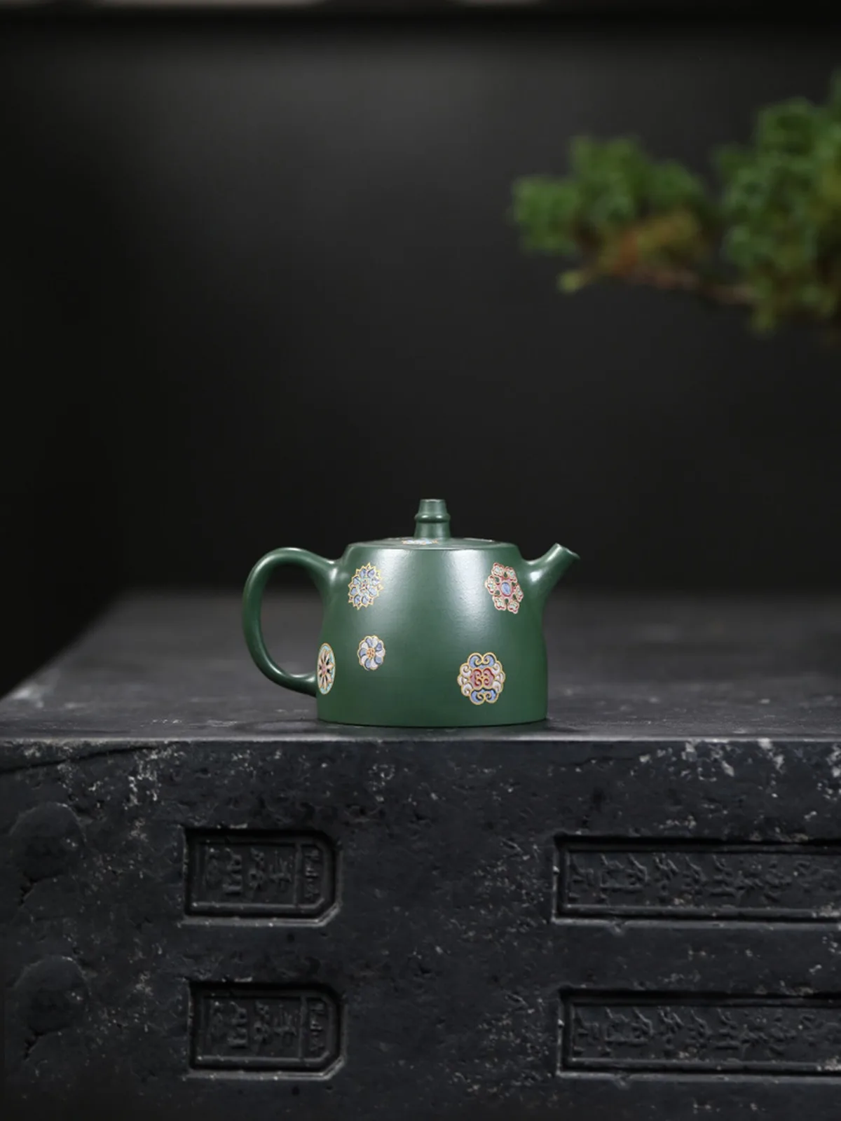 Yixing Purple Clay Teapot Original Ore Dark Green Mud Pure Handmade Enamel Flower Han Duo National Style Teapot Tea Set