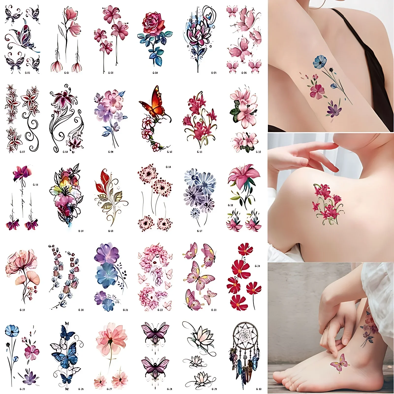 30pcs/set Women Flower Daisy Lily Butterfly Tattoos Stickers Cottage Core Transfer Tattoos for Summer tatouage femme temporaire