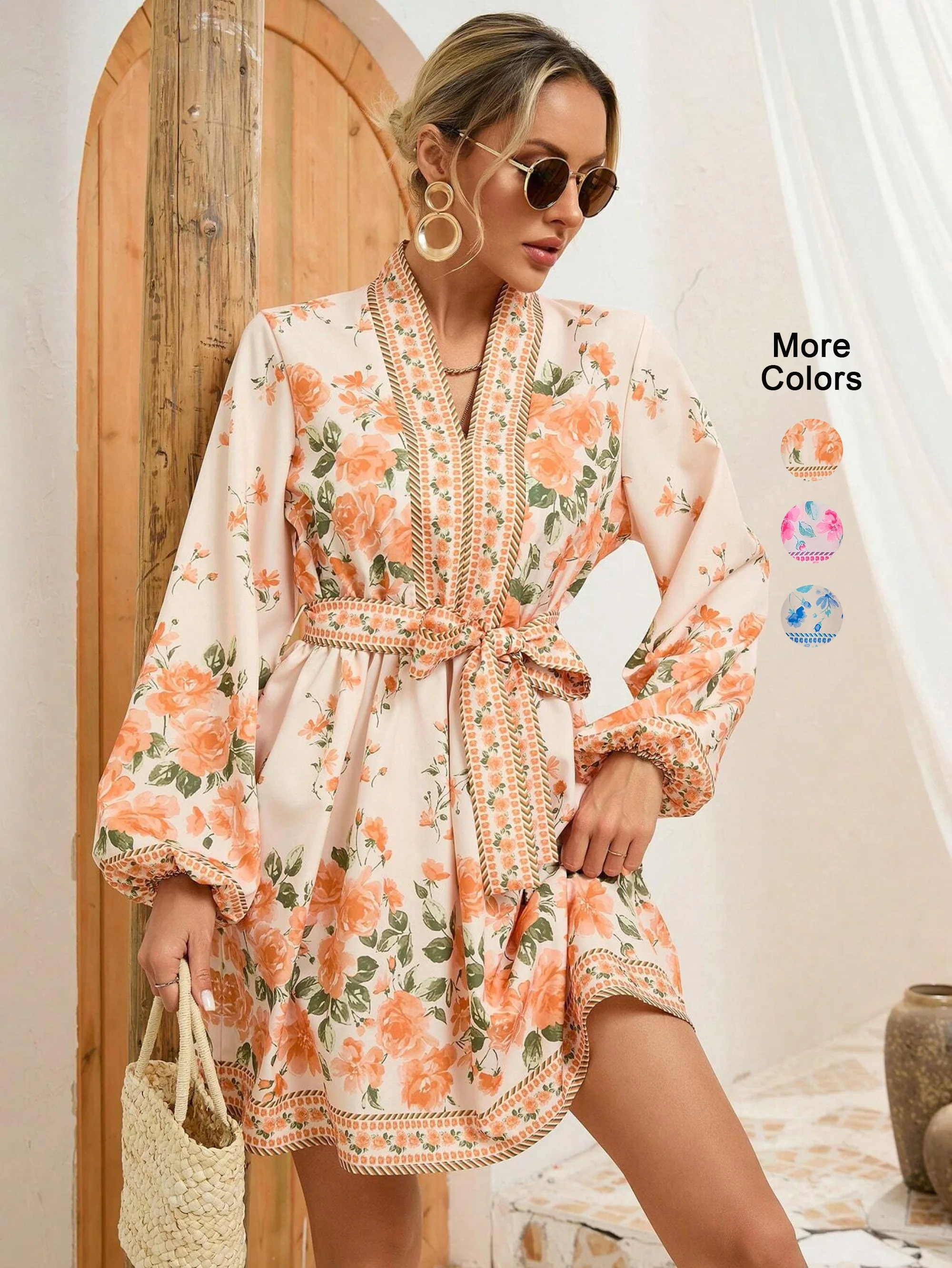 Elegantes, langärmliges Kleid mit Blumendruck und Gürtel an der Taille, kurzes Kleid mit Laternenärmeln für Herbst- und Winterpartys