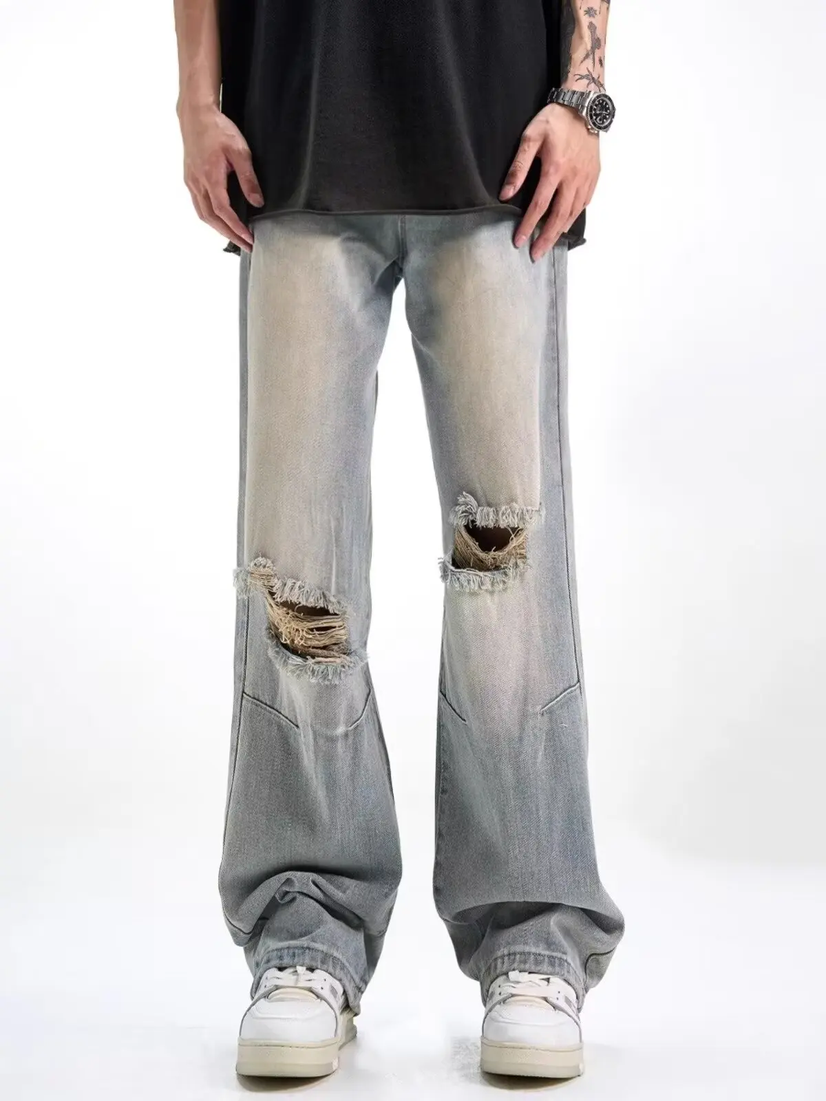 شارع العليا ممزق الجينز الرجال الصيف الصناعة الثقيلة غسلها السراويل المستقيمة شارع العليا أنيق فضفاض واسعة الساقين y2k رجل السراويل