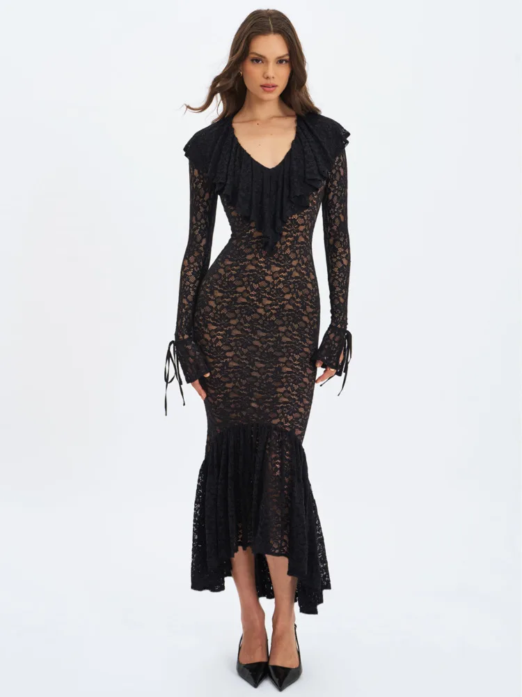

Blifanbo Sexy Lace Ruffled Maxi Dress Women Elegant Long Flare Sleeve Black V Neck Patchwork High Waist Club Party Long Dress