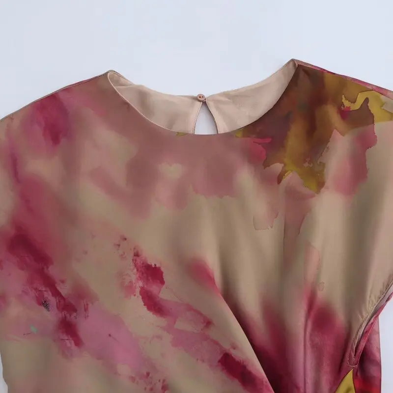 Vestido de Seda com Estampa Tie Dye para Mulheres, Moda Outono 2024, Estilo Versátil para o Dia a Dia, Sem Mangas, Peça Única...
