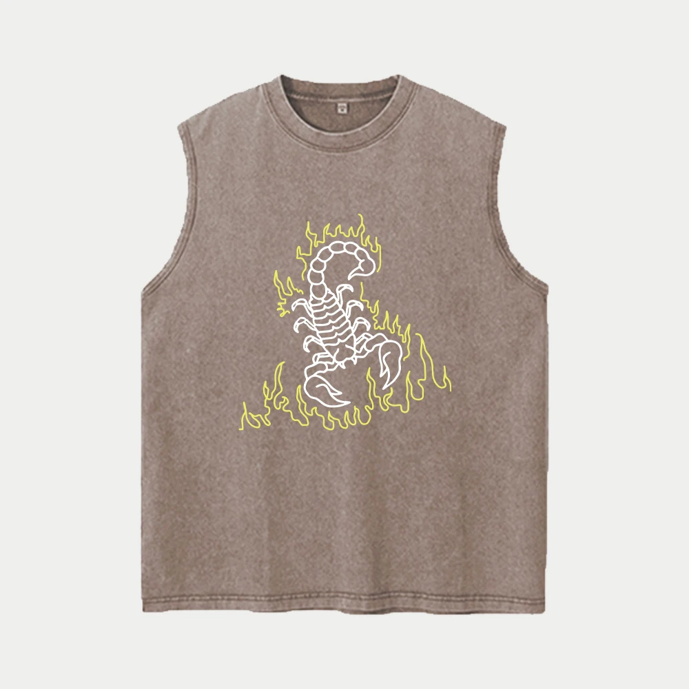 Men's Scorpion Flame Print Sleeveless Vest Washed Distressed Street Style Casual Cotton T-Shirt Summer Fitness Training Wear