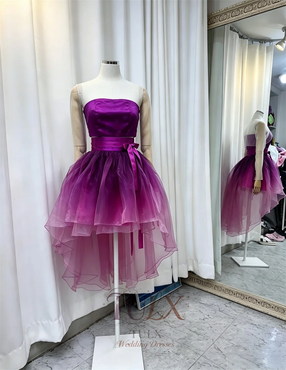 TULX Modern Purple Organza Gradient Party Dress Strapless Satin Concert Hanbok Short Korean High Low Evening Dress Customized