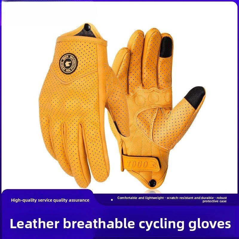 

Retro Yellow Leather Motorcycle Gloves Men Women Breathable Perforated Motorbike Racing Gloves Touch Screen Motocross Moto Glove
