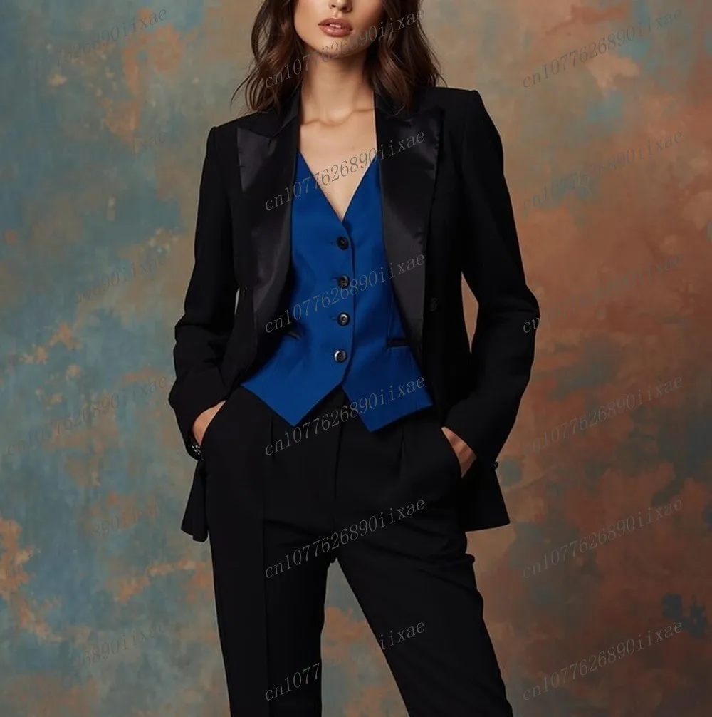 

Новые черные и синие женские костюмы, женские деловые офисные смокинги для мамы, свадебной вечеринки, формальный женский комплект из трех предметов, куртка, жилет, брюки