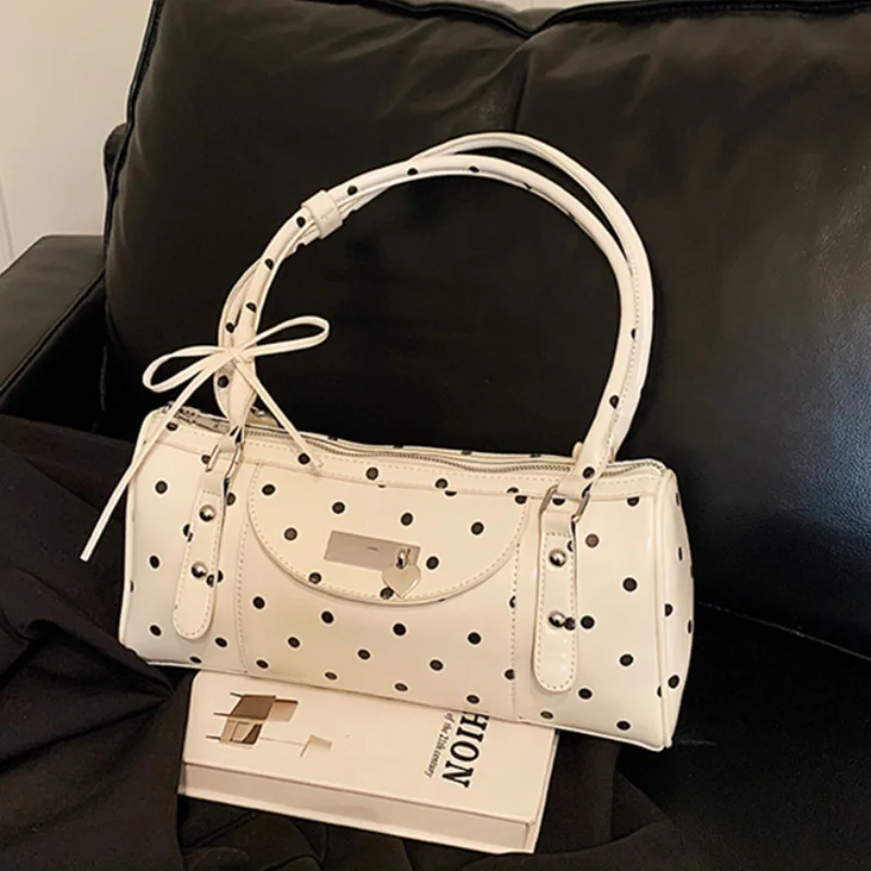 

Zippered Polka Dot Shoulder Pillow Bag Stylish Polka Dot Underarm Bag With Long Shoulder Strap Cute Boston Bag With Bow Design