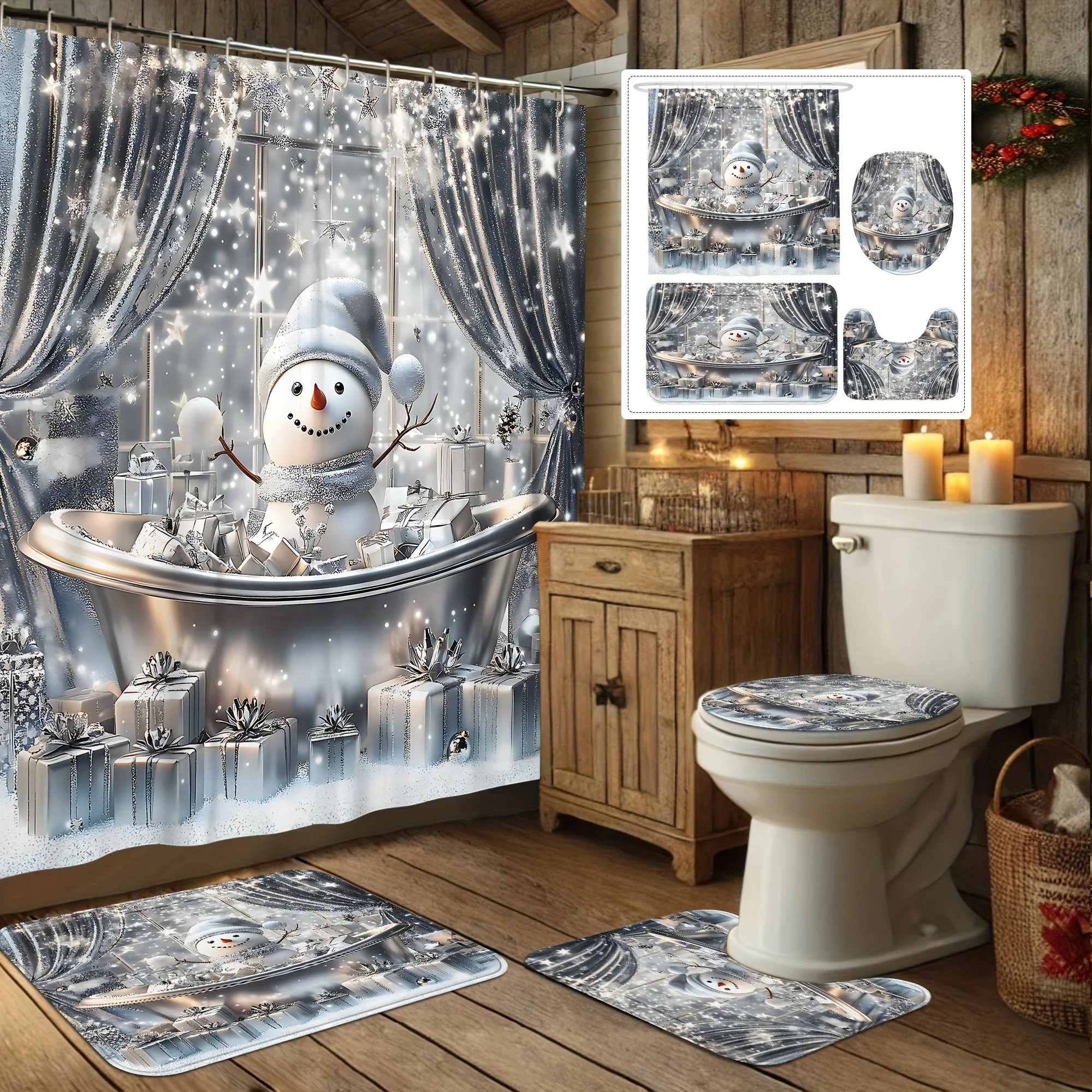 4Pcs Xmas Winter Shower Set, Cute Shiny Bath Tub Design, Holiday Shower Curtain, 12 Hooks, Non-Slip Mat, U-Shaped Toilet Cover