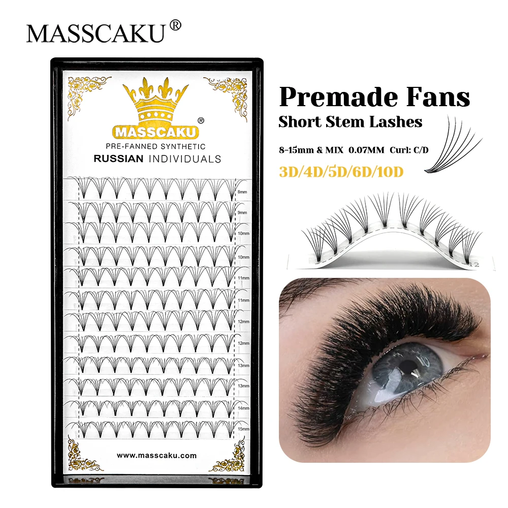 12 Rows MASSCAKU Korea PBT Fiber 4D Short Stem Fans Eyelashes 0.07/0.10mm Thickness Handmade Premade Fans Eyelash Easy to Pick