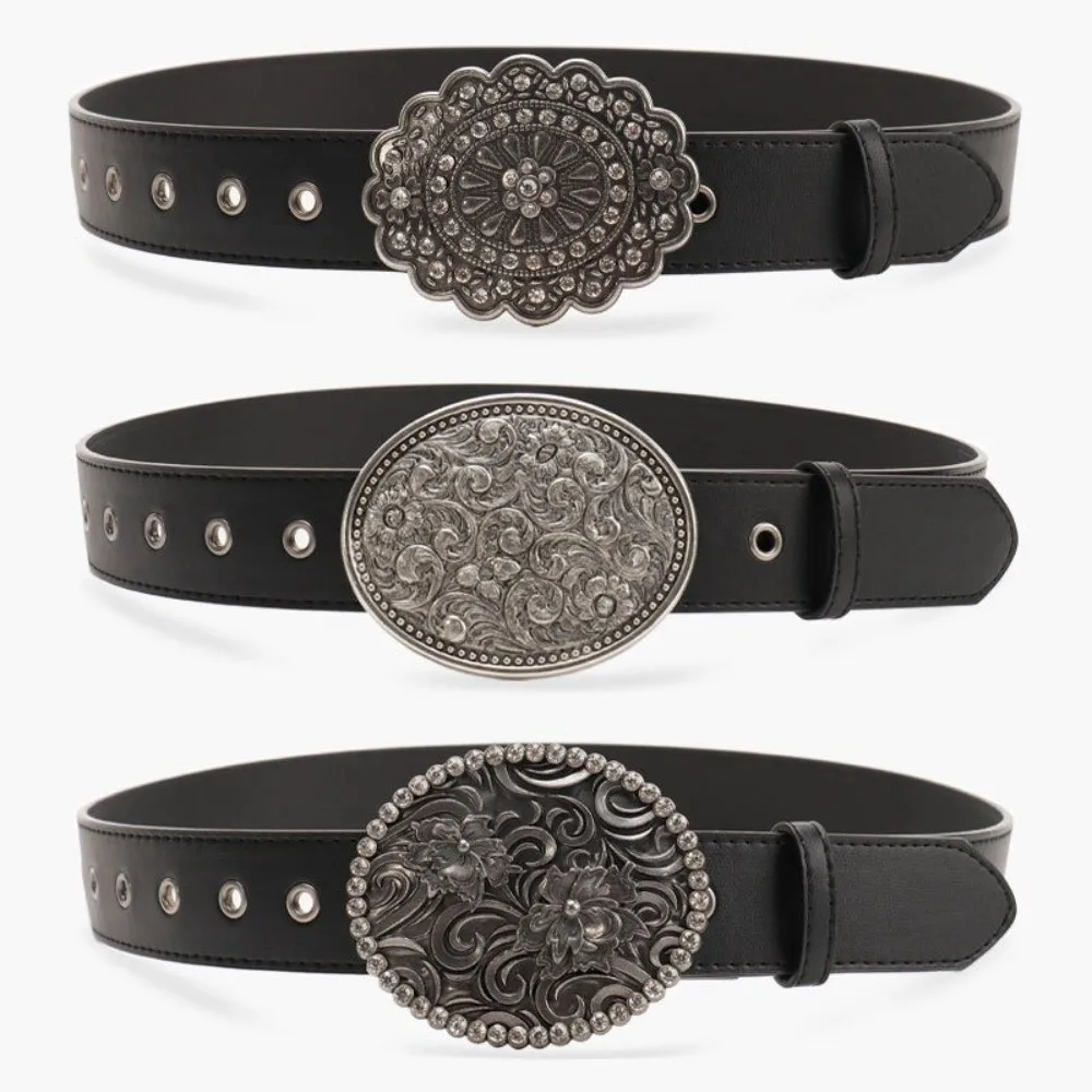 

Fashion PU Leather Belt for Women Engraved-Buckle Vintage Country Belts Boho Black Cowgirl Belts for Jeans Pants Dresses