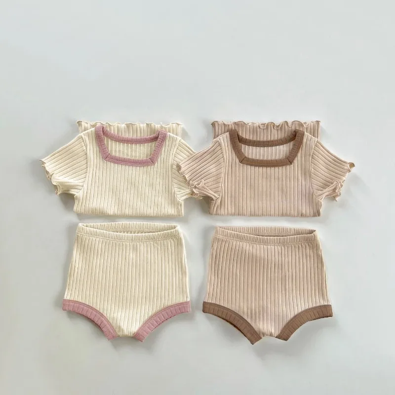 Baby Girl 2025 New Summer Sets Korean Style Newborn Waffle Short Sleeved T-shirt+Butt Elastic Shorts Two-piece Suit H8334