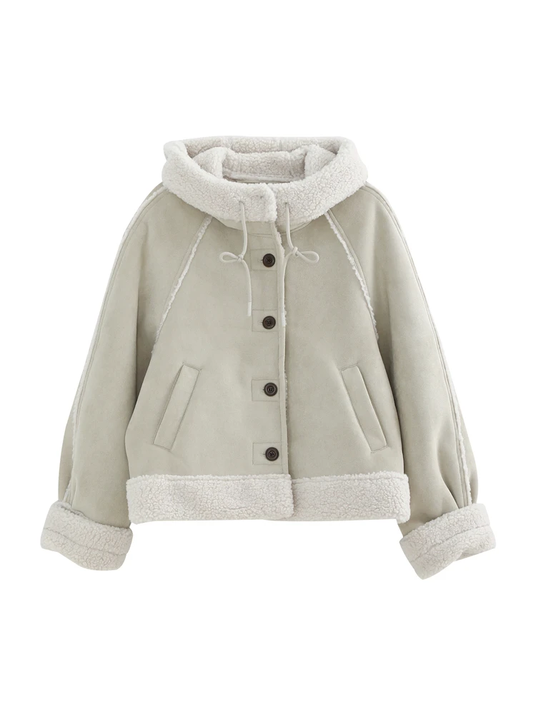 レディース厚手茶花デザインラムファージャケット冬アウター環境に優しいポリエステル繊維長袖フード付きコート