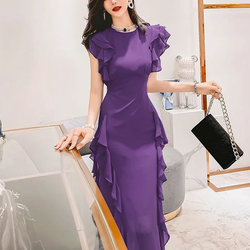 Summer Elegant Fashion Solid Color Ruffles Bodycon Dress Women Short Sleeve Temperament Evening Party Robe Ladies Waist Vestidos