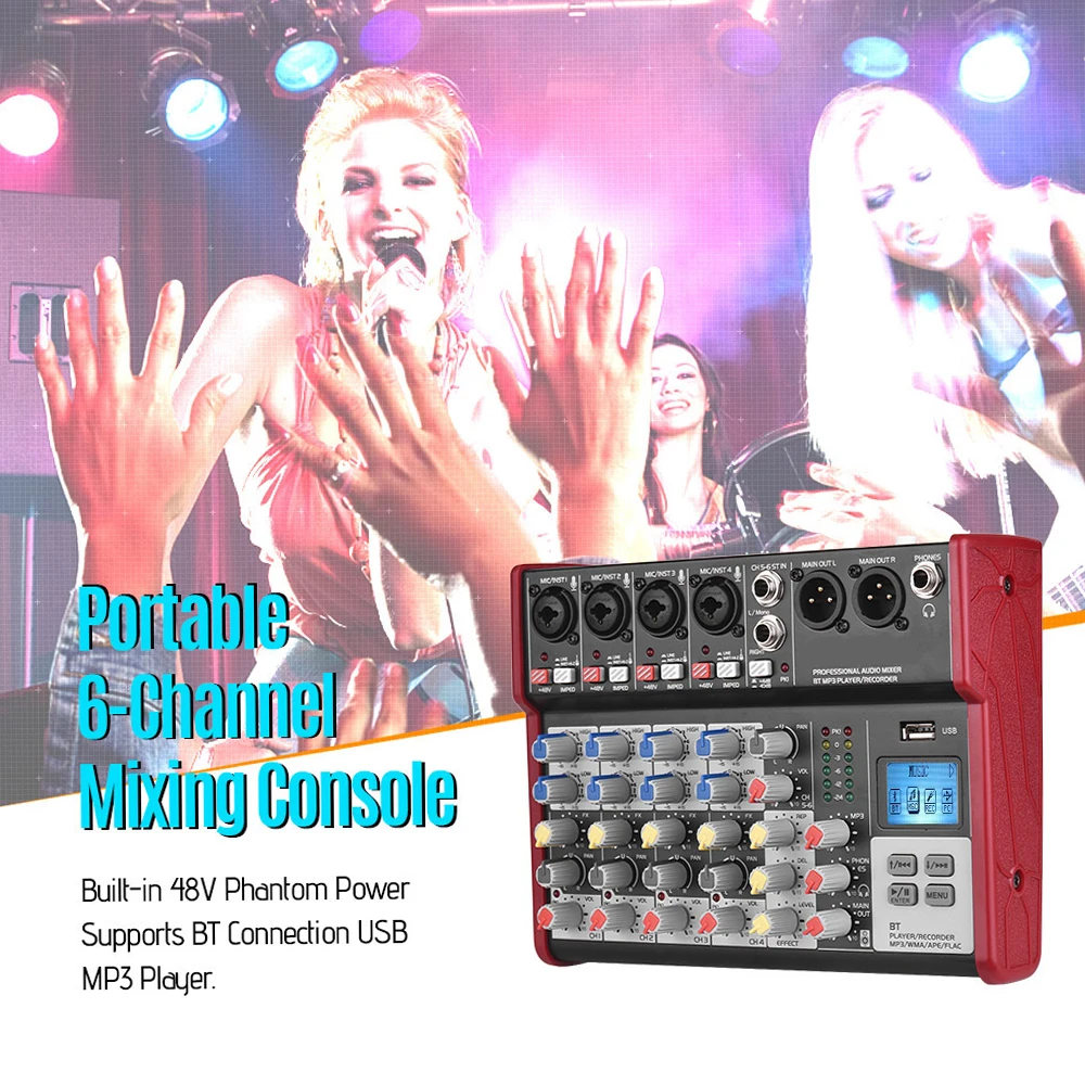 

Muslady SL-6 6-Channel Mixer Mixing Console 2-band EQ Built-in 48V Phantom Power Supports BT Connection USB MP3 Player for DJ