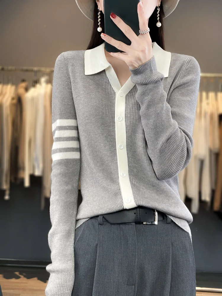 2024 New Fashion Women Preppy Style Polo Cardigan Turn-down Collar Long Sleeve Sweater 30% Merino Wool Knitwear Spring Autumn