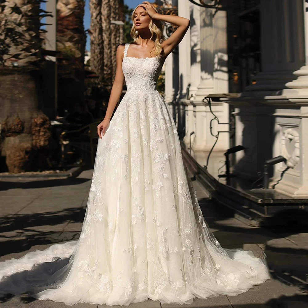 

Strapless Wedding Dresses Simple Customized Sleeveless Bride Gown Soft Tulle Applique A-Line Court Train فستان حفلات