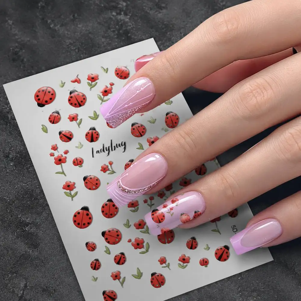 1Pc Vibrant Multicolor Ladybug Nail Stickers With Self Adhesive Backing Red Flower Nail Decal Garden Flower Pattern Nail Sliders