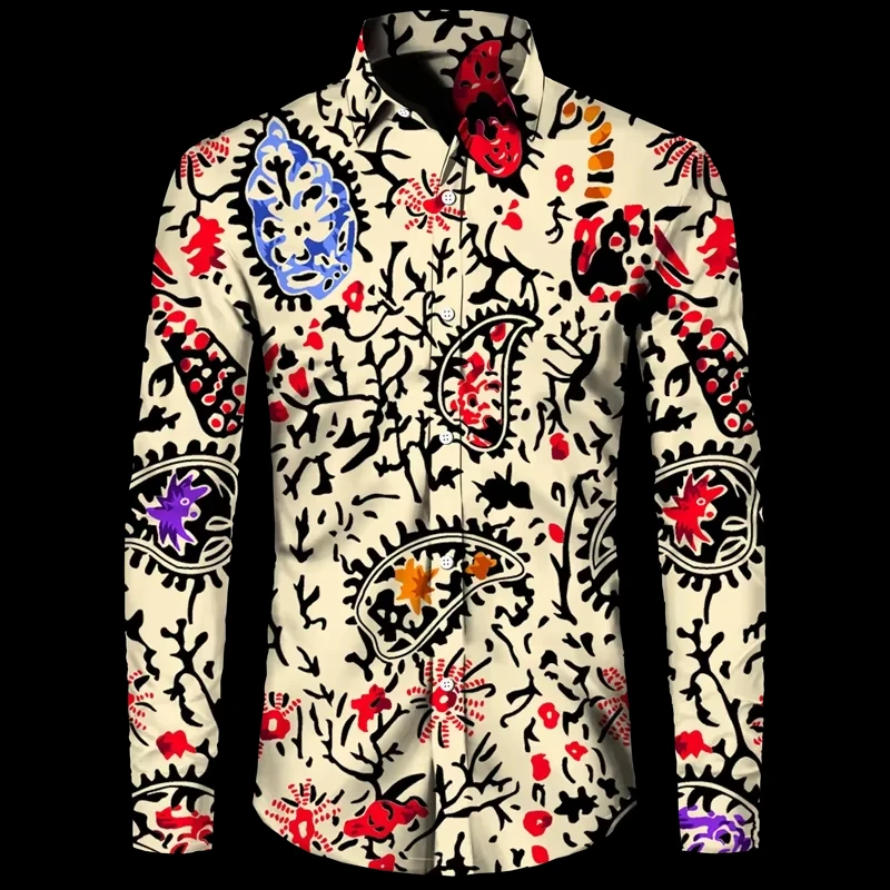 New Fashion Men's Shirt Paisley Cashew Flower 3D Print Turn-down Collar Button Long Sleeve Tops Vintage Men Streetwear Clothes，