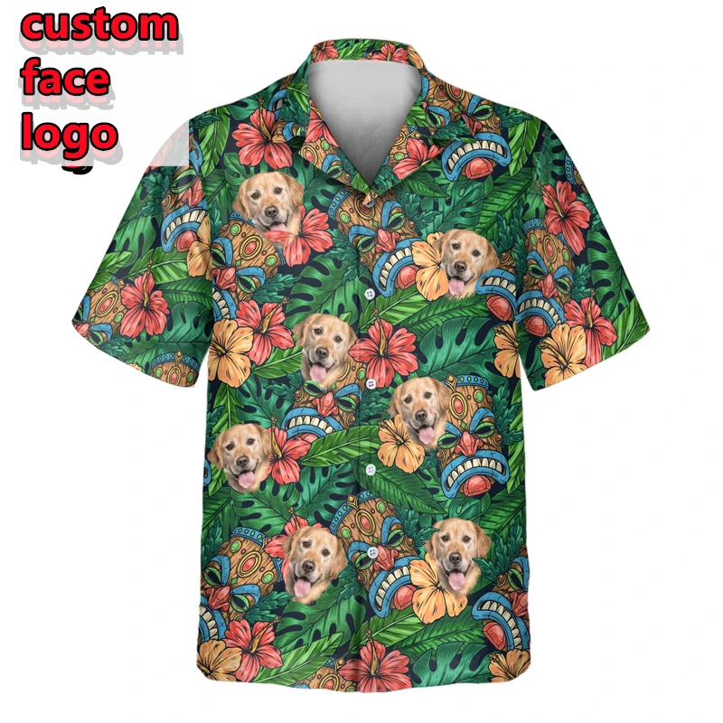 

Custom Photo Family Member Hawaiian Flamingo Pattern Shirts Personalized Diy Face Beach Shirts For Men Short Sleeve Aloha Shirts