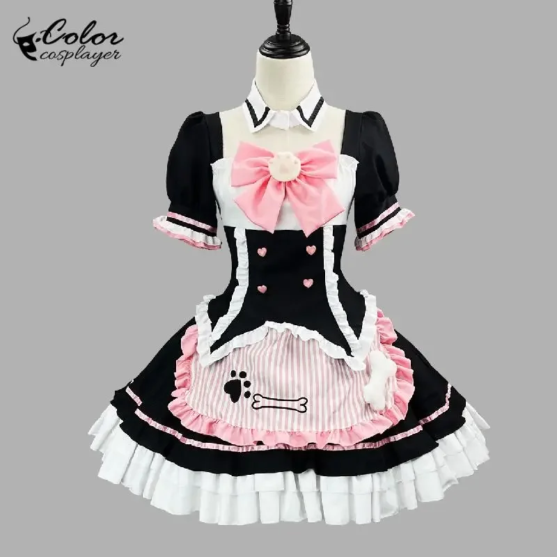 Farbe Cosplayer Vintage Anime Lolita Mittelalterliches Gürtelkleid Dienstmädchen Cosplay Kostüm Schleife Kurzarm Mini Lolita Karnevalskleidung
