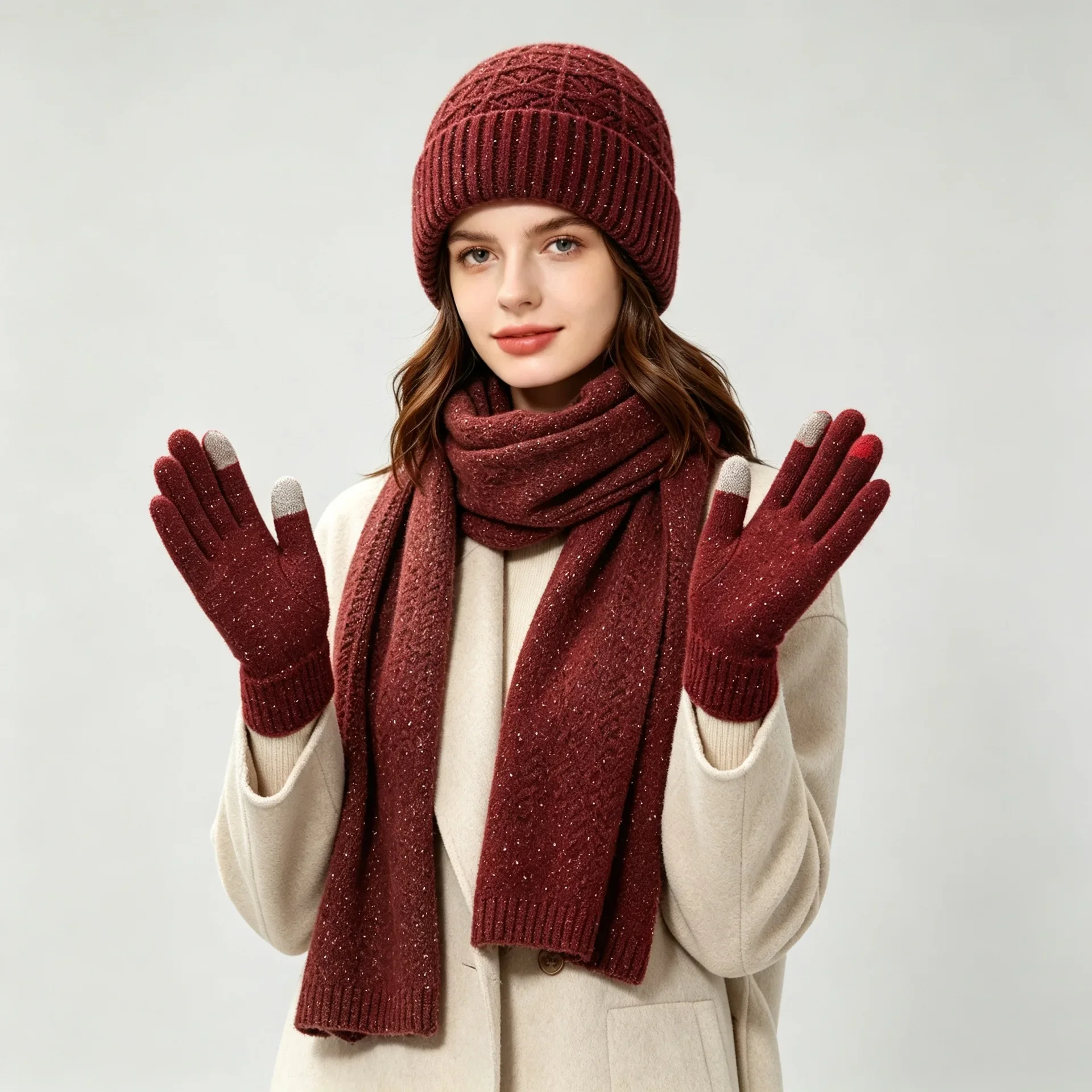 Ladies Winter Knit Beanie Scarf Gloves Set Warm Thick Fleece Lined Cap with Shiny Sequin Wave Design