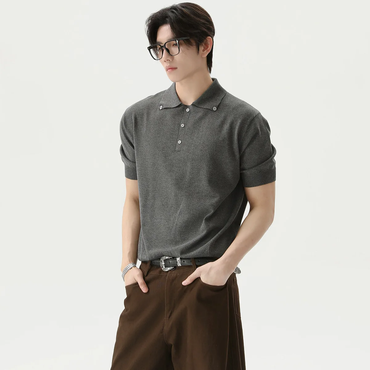 

American Retro Niche Minimalist Summer Polo Collar Short-Sleeve Loose T-Shirt With Button Design, Versatile And Casual Trendy