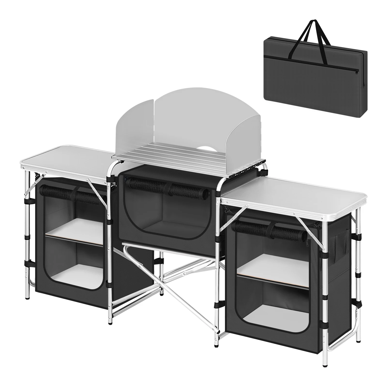WOLTU Klappbarer Camping-Küchenschrank aus Aluminium mit Arbeitsplatten und Stauraum für Outdoor-Picknick, Grillen, Gartentisch mit Tragetasche