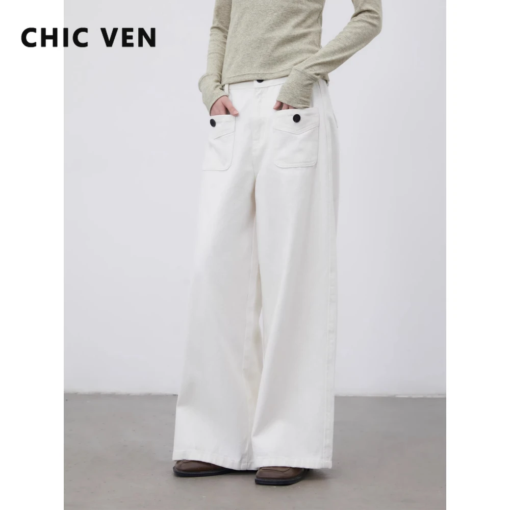 

CHIC VEN Fashion Women Jeans White Casual Female Wide Leg Denim Cropped Pant Straight Leg Cotton Trousers Spring Summer 2026