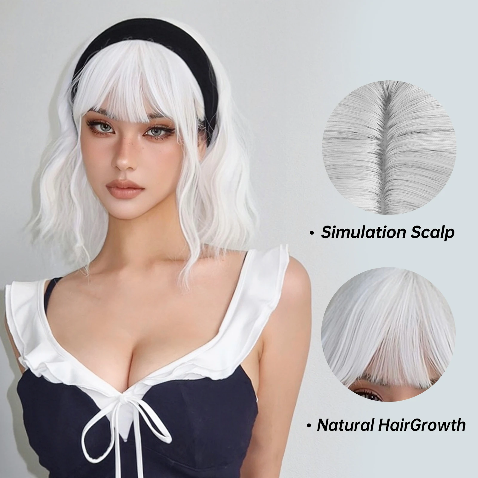 HENRY MARGU Egg Roll Wavy Synthetic Hair Wigs White Short Wave Cosplay Wig with Bangs Christmas Wigs for Women Heat Resistant