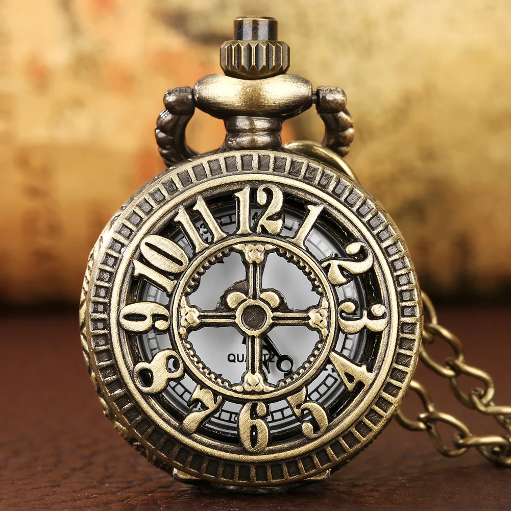 Tiny Cute Bronze Necklace Watches for Kids Women Quartz Pocket Watch Arabic Numerals Dial Exquisite Pocket Clock Little Size