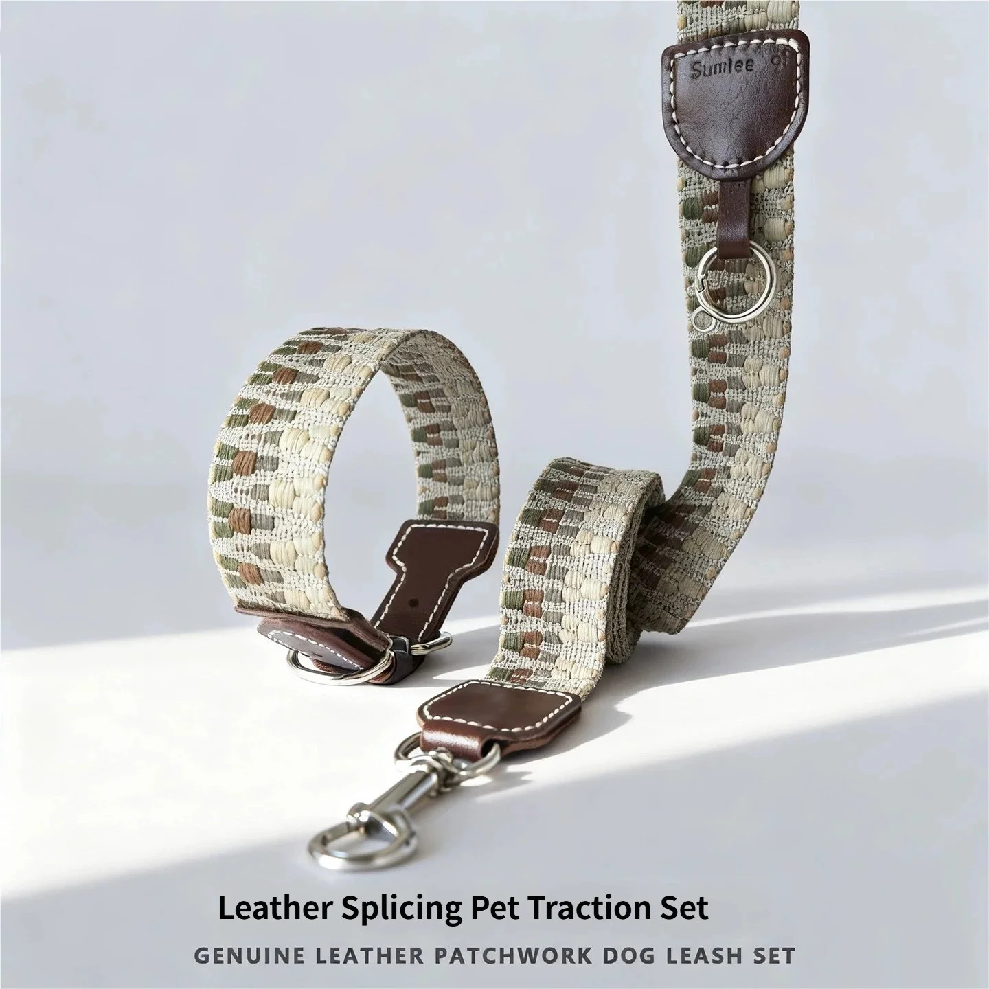 Bohemian Hand Woven Dog Collar 3.8CM Wide Genuine Leather dog collar Soft Cotton Webbing Heavy Duty Pet Walking Leash view 6