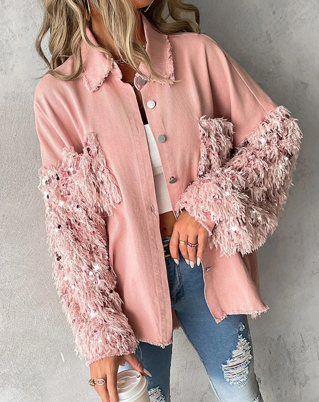 Women's Casual Sequin Tassel Design Fuzzy Patchwork Shacket Female Daily Clothes Autumn New Fashion Women Long Sleeve Cardigan