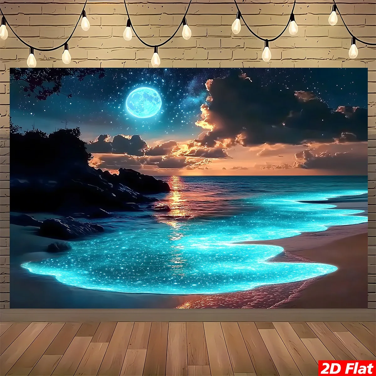 Cosmic Moonlit Ocean Beach Tapestry Galaxy Night Sky Wall Art Hanging Decor Coastal Celestial Landscape Poster Print