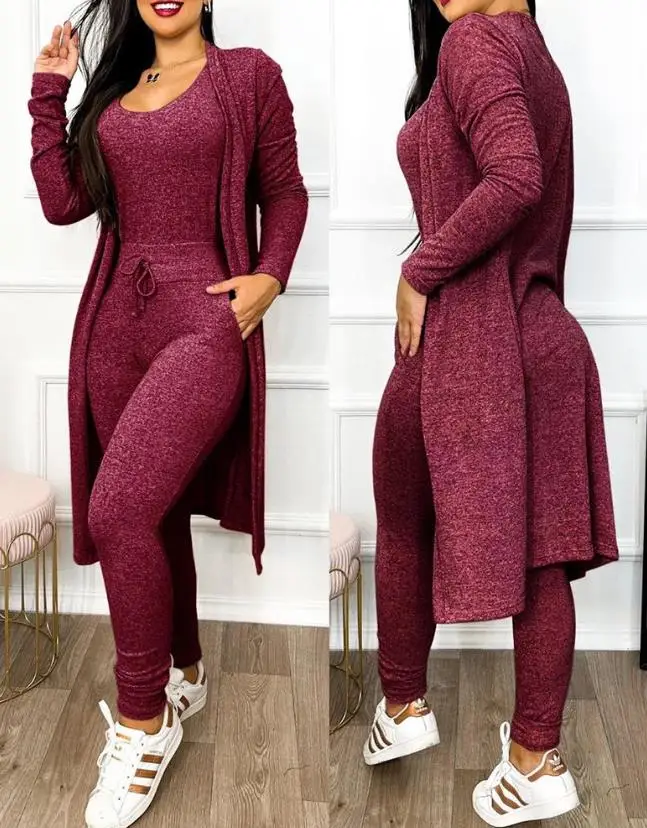 Autumn Women\'s New Drawstring Pocket Design Jumpsuit & Coat Set Temperament Commuting Women Fashion Suit Sets Two Piece Outfits