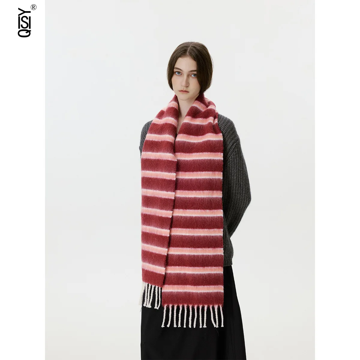 وشاح مخطط متعدد الألوان من مزيج الصوف على الطراز الكوري لدفء الشتاء للنساء، جو شرابة، شال وشاح #2