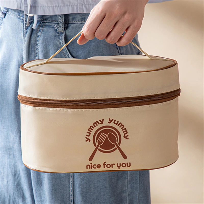 Fiambrera térmica Beige portátil, bolsa térmica aislante de barril redondo, bolsas de almacenamiento de alimentos Bento para niños, contenedor de comida y cena