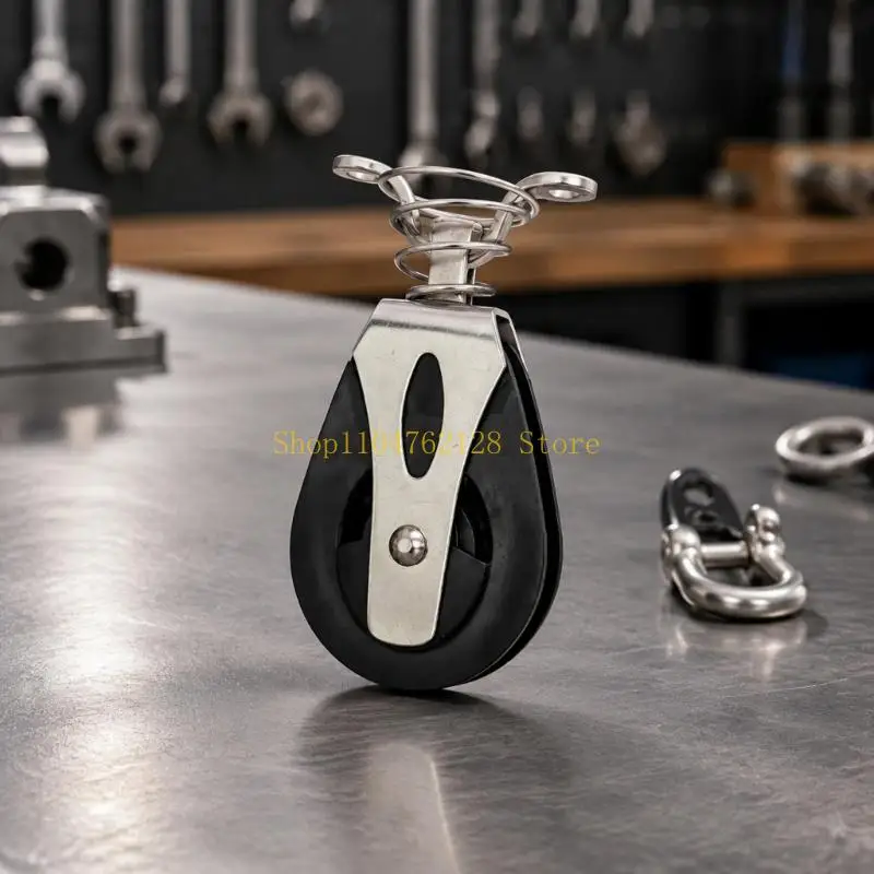 Marine Use Rope Pulley Block with Black Wheel, Metal Frame, and Wheel Travel for Light Utility Routing, Maintenance Work, and