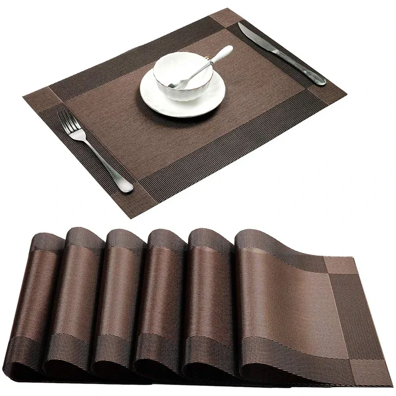 6/4pcs Gold Placemat Washable PVC Dining Table Set Weave Mats Diagonal Frame Teslin Cloth Disc Bowl Coaster Non-slip Pad
