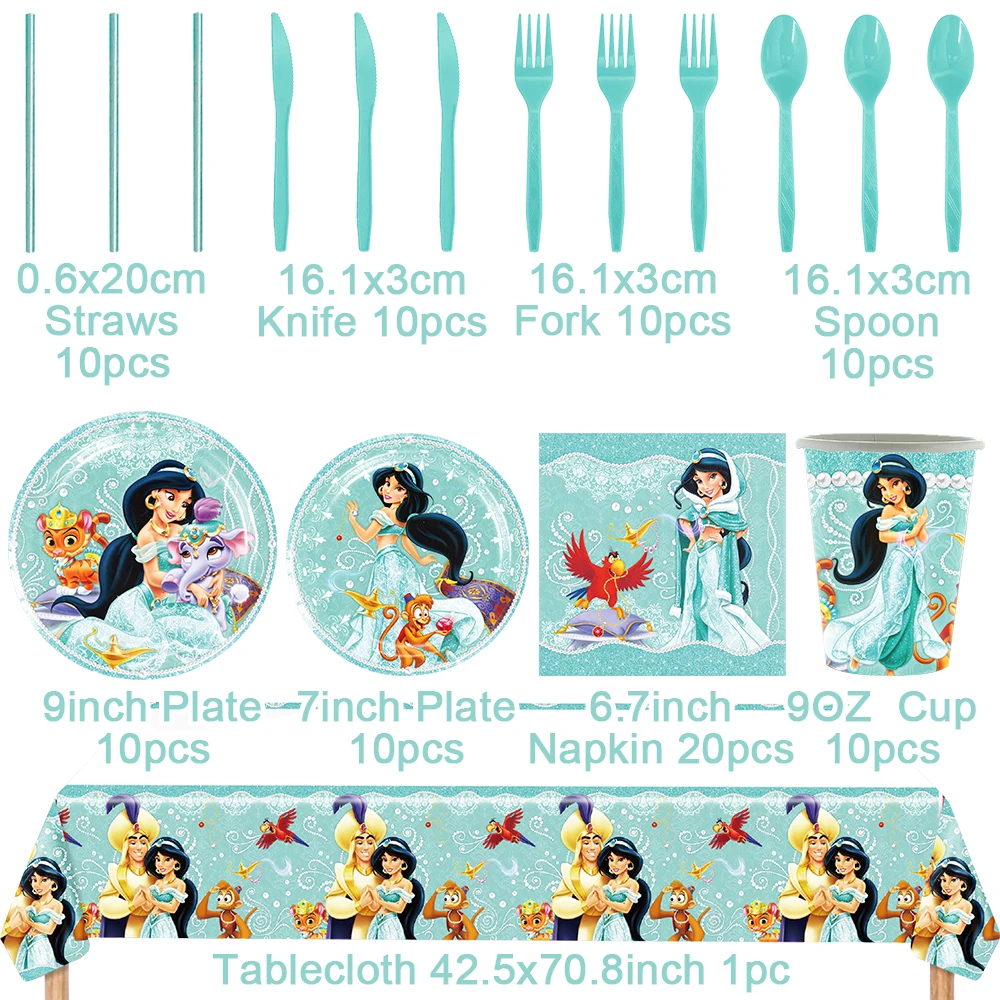 Cartoon Jasmine Princess Aladdin Theme Birthday Party Disposable Set Decor Banner Balloons Baby Shower Supplies For Kids Gift