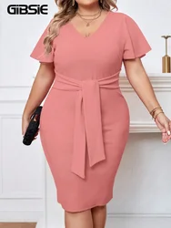 GIBSIE Plus Size Solid Tie Front Bodycon Pencil Dress Women 2024 Summer V Neck Short Sleeve Elegant Office Lady Mini Dresses