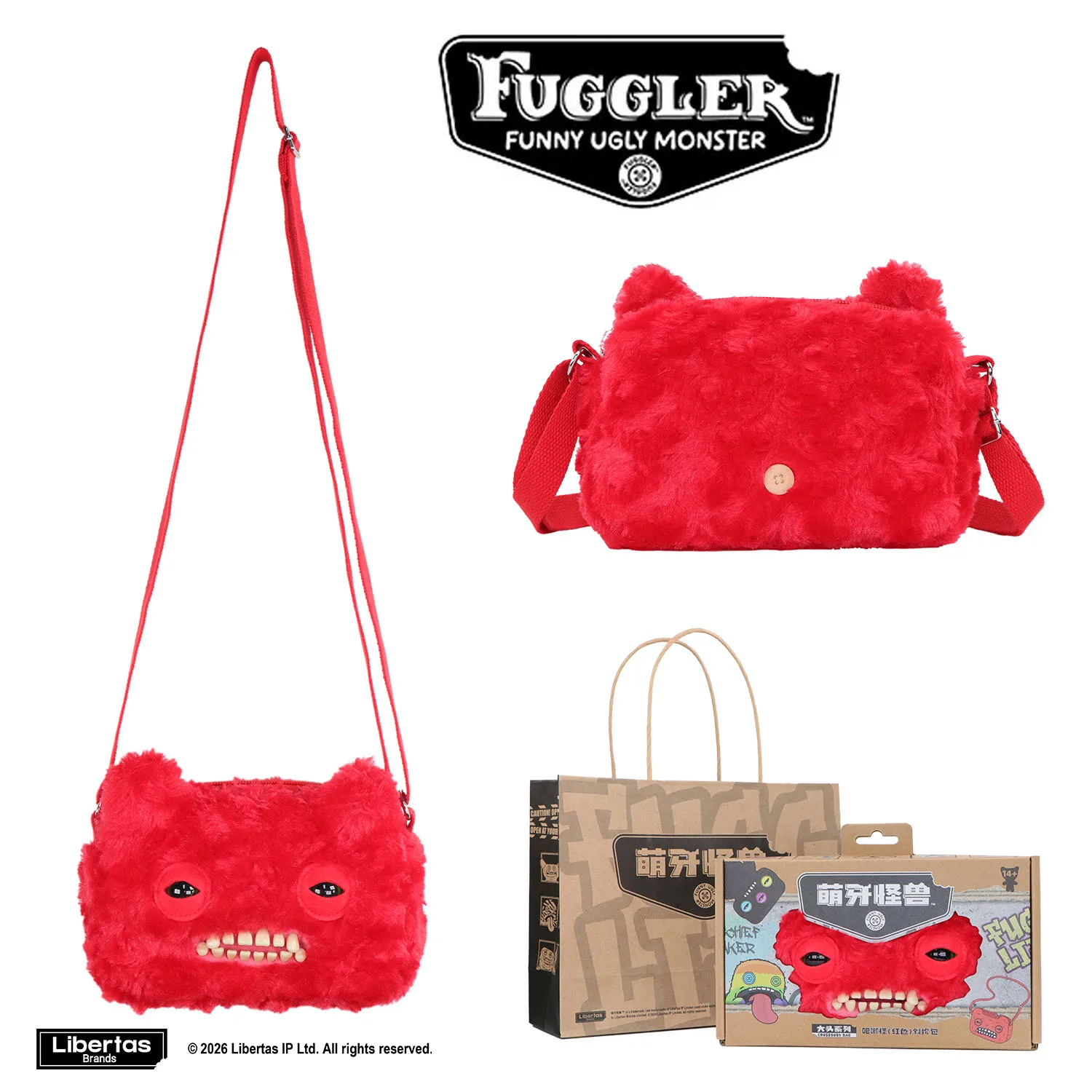 Fugglers Hässliches Zahnmonster Flauschige Umhängetaschen Niedliche Fugg Plüsch-Geldbörse Schulter-Rucksack Portemonnaie für Mädchen Jungen Cartoon-Tier 22CM