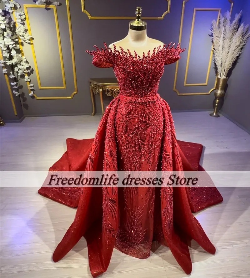 Vestidos de Noche rojos oscuros de lujo, tren desmontable con cuentas y hombros descubiertos, vestido de fiesta de boda árabe de Dubái, vestidos de graduación personalizados