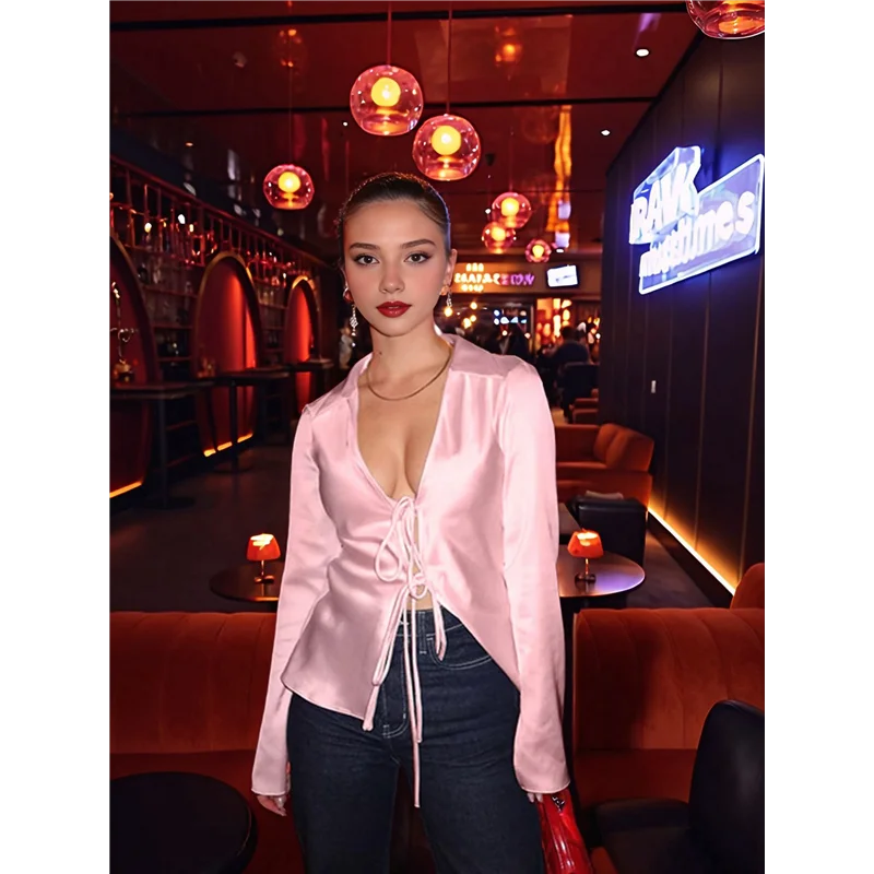 

Womens Sexy- Tie Front Satin Shirts Deep V Neck Silk Club Tops Long Sleeve Y2k Going Out Blouse