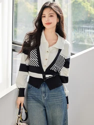 Fake Two-piece Sweater for Women 2024 Autumn Casual Versatile Lapel Long Sleeve Patchwork Design Sense Loose Knitwear Tops