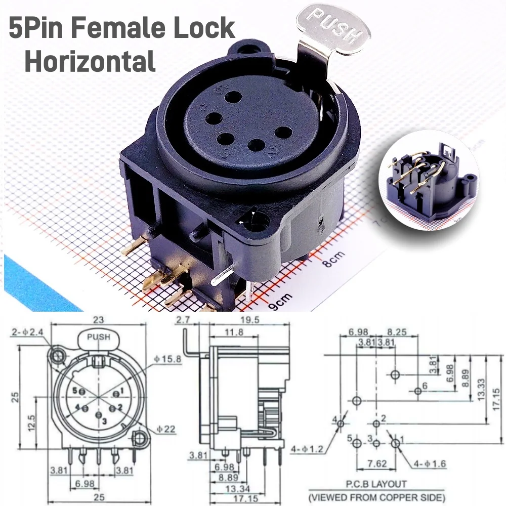 2 10 pcs XLR Socket 5 pin Female Receptacle Latch Lock / Plug Right Angle Solder PCB 90 Degree through Holes Panel Mount