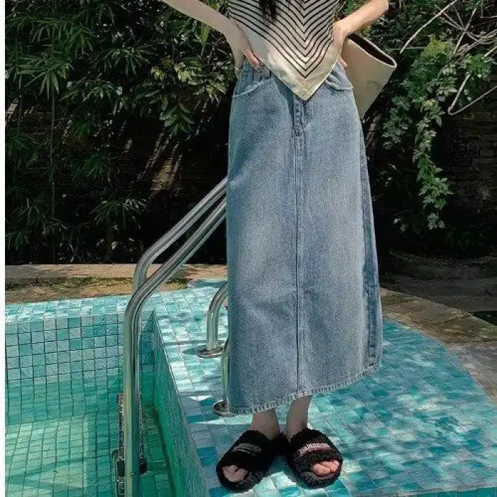 

Faion High Waist Slit Denim Skirt Women's Spring Autumn Slim Fit Casual Sle Button Embellied A-Line Skirt