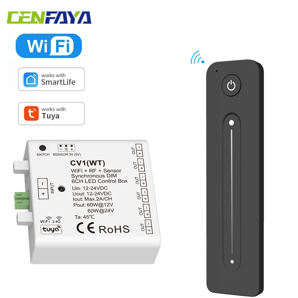 WLAN RF-Sensor Synchron-DIMMER 6-Kanal LED-Steuerbox, 3s Dimmzeit, TUYA APP RF Drahtloser Sensor Smart Dimming für Schrank-LED-Streifen
